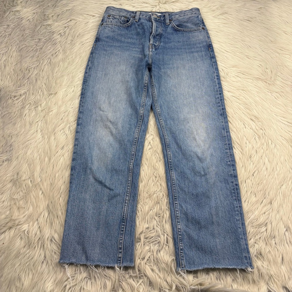 Re/Done Women's 27 High Rise Stove Pipe Jeans Light Wash Raw Hems Button Fly
